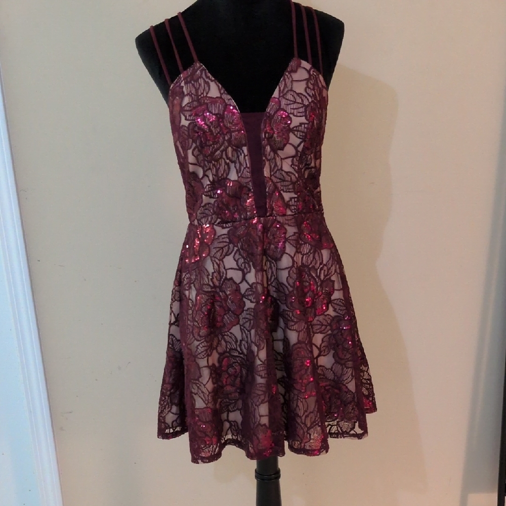 B Darlin Burgundy Floral Sequin Mini Dress
